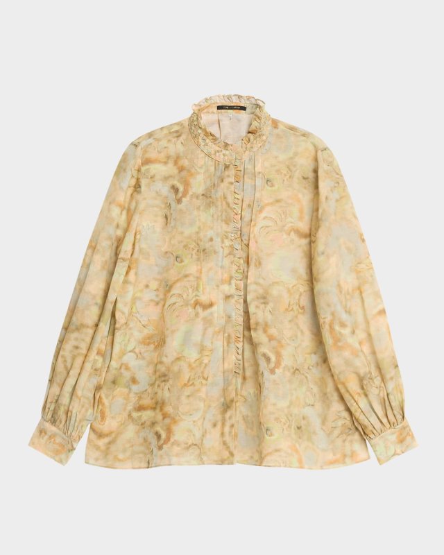 Lenorie Watercolor-Print Pintuck Blous